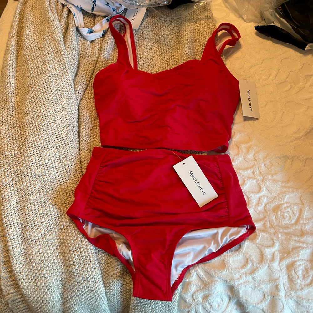 Red high waisted swimsuit